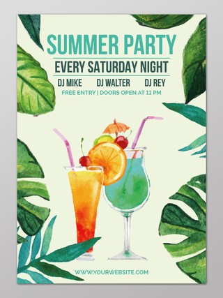 清新手绘植物水果夏季聚会饮品海报